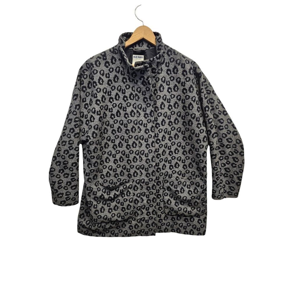 Old Navy Women's Plus Size‎ XL Coat Wool Blend Leopard Print Gray Black Pea Coat